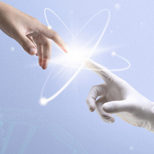Atom biotechnology nuclear medicine  with scientist’s hands digital transformation remix