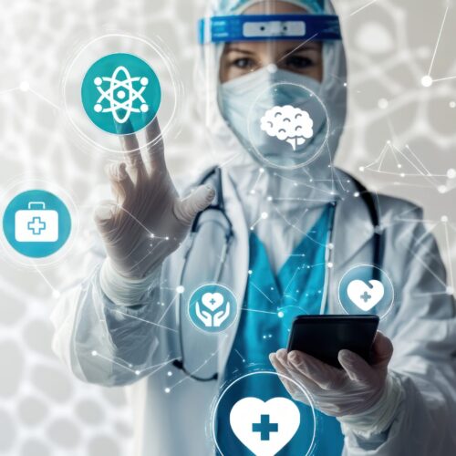 Doctor in protective gear reaching out to touch floating medical icons, digital healthcare solutions, patient interaction, health technology