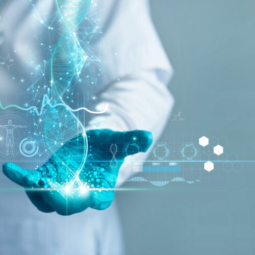 Medicine doctor holding blue helix DNA structure on hologram modern virtual screen interface and diagnose  healthcare on digital network, Science, Medical technology and futuristic concept.